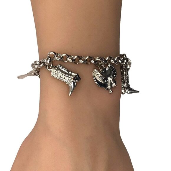 Western Theme Charm Bracelet Toggle Closure Silver Tone Cowboy Boot Wagon - Picture 4 of 4